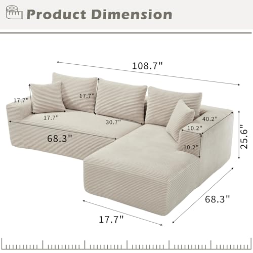 KEIKI 108.7'' Modular Sectional Sofa Couch, L-Shape 3-Seat Velvet Cloud Couch with Oversized Chaise, Memory Foam Cushion, Removable Back & Neck Pillow for Living Room Sofa, Right Facing Chaise, Beige KEIKI