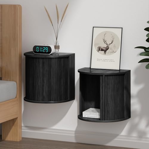 WTWEGMDGE Floating Nightstand Set of 2,Wooden Wall-Mounted Nightstand with Fluted Sliding Roll-Up Door,Space-Saving,Suitable for Small Space Bedroom,Living Room (Black-Floating Nightstand Set of 2) WTWEGMDGE