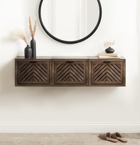 Kate and Laurel Mezzeta Modern Floating Shelf Side Table with Storage Cubby; 16 x 10 x 12; Natural Wood; Decorative Slatted Wood Floating Nightstand with Pull Down Door for Use as Bathroom Storage Kate and Laurel