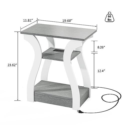 FROMJBEST End Tables Living Room, Grey End Table with Charging Station, Grey Side Table, Nightstand for Bedroom, 3 Tier End Table with Storage Shelf for Living Room FROMJBEST