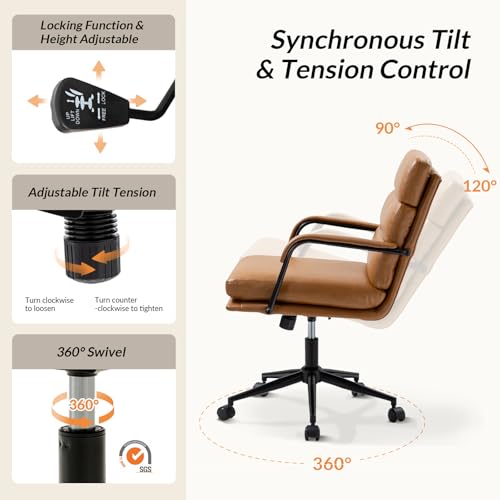 HULALA HOME Modern Faux Leather Home Office Chair with Tilt Lock & Metal Base, Desk Chair with Wheels & Padded Cushion, 360° Swivel Wide Seat Computer Task Chair, Camel HULALA HOME