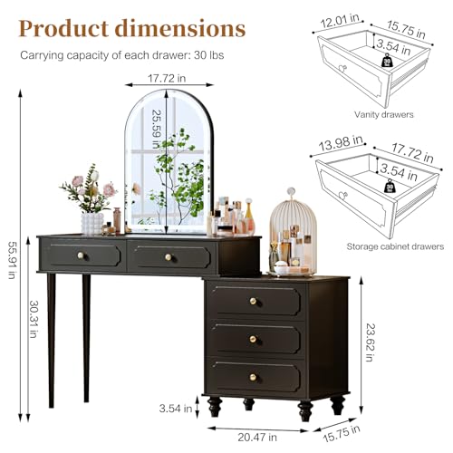 Ieejdn Black,Vanity Desk with Mirror and Lights,Makeup Vanity with Power Outlet and Adjustable Cabinet,Modern Makeup Table with 3 Drawers for Bedroom Makeup Room Ieejdn