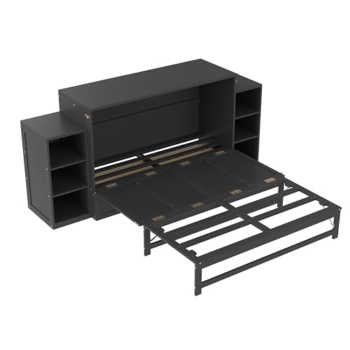 KEIKI Queen Size Murphy Bed Chest, Folding Cabinet Wall Bed Frame with Storage Drawers & Shelves, Space Saving Hideaway Cabinets Beds Frames for Apartment Bedroom Guest Room, Wood Slat Support, Grey KEIKI