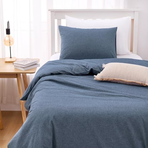 Wake In Cloud - Cotton Duvet Cover Set, Twin Size, Chambray Denim Blue, 100% Washed Cotton, Linen Like Textured, Breathable Percale Durable Comfy Farmhouse Neutral Bedding Set, 3 Pieces Wake In Cloud