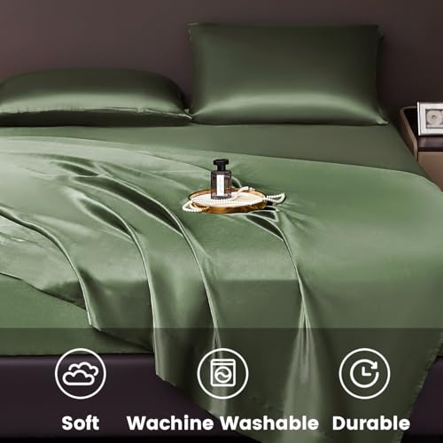 Revdomfly 4 Pcs Queen Size Luxury Silky Soft Olive Green Satin Sheet Set,1 Premium Moisture Wicking Fitted Sheet Fits Up to 16 Inches Deep Pocket + 1 Flat Sheet + 2 Pillowcases(Olive Green, Queen) Revdomfly