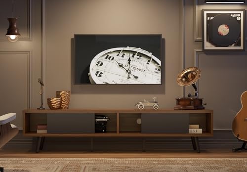 Bestier 70 inch Mid Century Modern TV Stand for 75 inch TV, Low Profile TV Stand with Storage, Entertainment Center for Living Room, Cord Management, Walnut Bestier