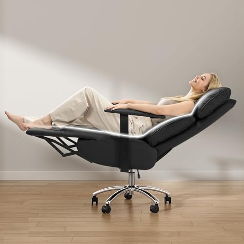 OKUP Reclining Office Chair with Adjustable Headrest and Footrest, 170° Ergonomic Comfortable Office Chair Zero Gravity, Leather Executive Home Office Desk Chair (Black) OKUP