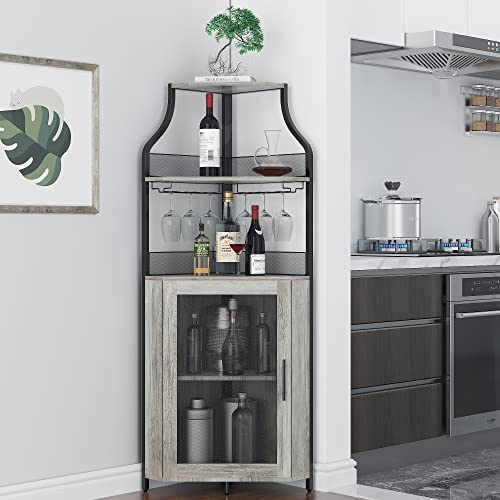 GAOMON Corner Wine Bar Rack Cabinet with Detachable Wine Rack, Bar Cabinet with Glass Holder, Small Sideboard and Buffet Cabinet with Mesh Door (Grey) GAOMON