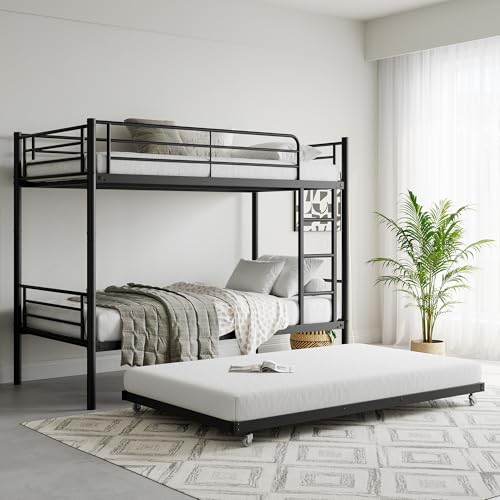 Bellemave Metal Bunk Bed with Trundle, Twin Over Twin Bunk with Guardrail and Ladder for Kids/Teenagers, Adults, No Box Spring Needed, Black with Ladder Bellemave