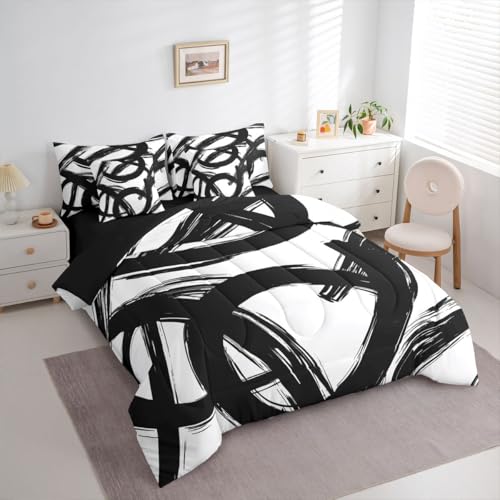 Erosebridal Black White Abstract 7 Piece Comforter Set King Bed in A Bag Modern Graffiti Minimalist Line Bedding Set Simple Sketch Cool Unique Geometric Sheet Set Ink Painting Aesthetic Quilt Erosebridal