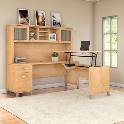 Bush Home Somerset 72W 3 Position Sit to Stand L Shaped Desk with Hutch in Maple Cross | Adjustable Height Table for Office Bush Home