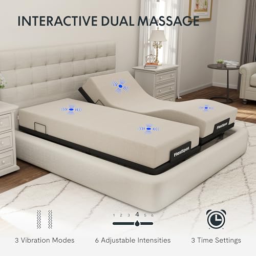FLEXISPOT Adjustable Bed Frame Base Split King,Massage, Zero Clearance, Synchronized Adjustment,Whisper Quiet Durable Motor,Zero Gravity,Mattress Holders. FLEXISPOT