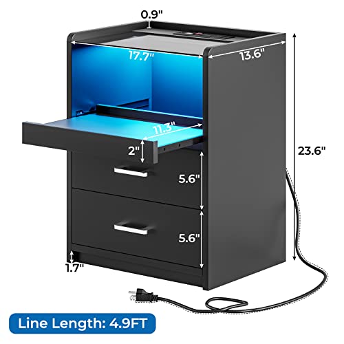 VIAGDO Nightstand with Charging Station and LED Lights, Black Night Stand with Glass Top and Storage Drawers, End Side Tables with Pull-Out Tray and USB Ports, Modern Bedside Tables for Bedroom VIAGDO
