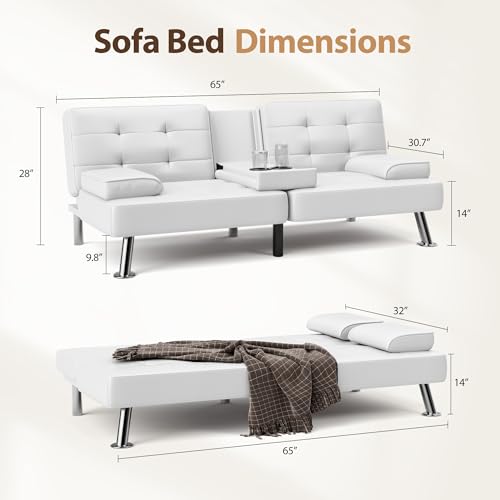 Shahoo Convertible Folding Futon Sofa Bed Sleeper Couch for Living Room Faux Leather Upholstered Loveseat w/Removable Armrests, Metal Legs, 2 Cup Holders, White Shahoo