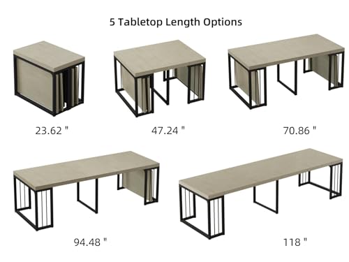 KEIKI 23.62" - 118" L Extendable Foldable Dining Room Table for 2-10 People, Wood Modern Rustic Rectangle Expandable Kitchen Living Meeting Room Furniture, 5 Tabletop Length Options KEIKI