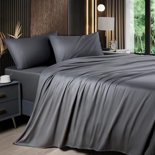 Shilucheng Queen Sheet Sets, Blend Rayon Derived from Bamboo, Breathable & Cooling Bed Sheets 4 Piece, Deep Pocket Up to 16", Hotel Silky Bedding for Hot Sleepers, Dark Grey