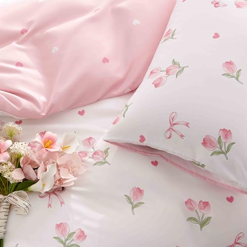 Erwinmu Floral Duvet Cover Set Twin Size,Pink Tulip Bow Ties Reversible Bedding Set with Heart Pattern for Girls Kids,Romantic Microfiber Comforter Cover 2Pcs with Zipper Closure and 1 Pillowcase Erwinmu