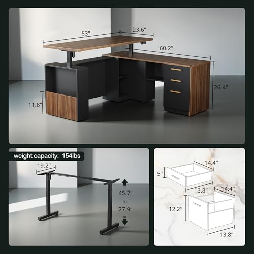 ModernMate 63" Standing Desk with File Cabinet, Privacy Panel, AC/USB, 1.18" Desktop, Executive L Shaped Height Adjustable Electric Stand Up Desk, Home Office Table with 3 Drawers, Black Walnut ModernMate