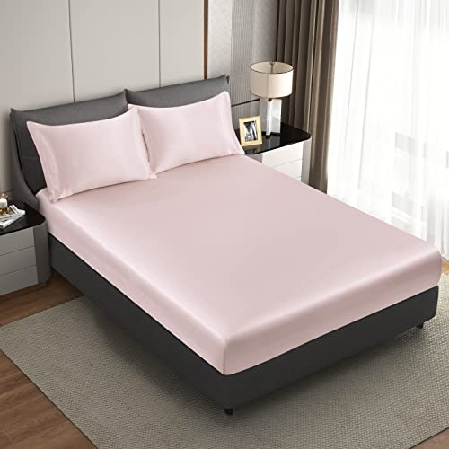 HommxJF Silk Satin Blush Pink Twin Fitted Sheet, Deep Pocket Fitted Sheet Only, Breathable, Non- Fading, Fully Elasticized Bed Sheets Sold Separately HommxJF
