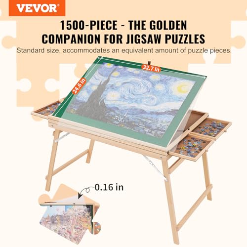 VEVOR 1500 Piece Puzzle Table with Folding Legs, 4 Drawers and Cover, 32.7"x24.6" Wooden Jigsaw Puzzle Plateau, Adjustable 3-Tilting-Angle Puzzle Board, Puzzle Storage System for Adults, Gift for Mom VEVOR