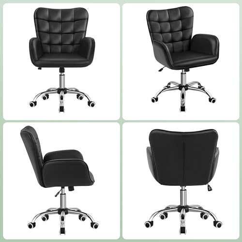Yaheetech Modern Faux Leather Office Chair Ergonomic Adjustable Computer Chair with Wide Seat, Padded Armrests for Study, Bedroom Black Yaheetech