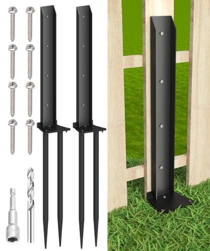 Mokeyder Fence Post Anchor Kit, Heavy Duty Metal Steel Fence Post Repair Kit, Fence Post Anchor Stakes Ground Spike for Repairing Tilted/Broken Wood Fence Post, Double-Tube Style, 2 Packs Mokeyder