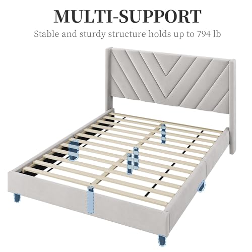 Yaheetech Beige Queen Upholstered Platform Bed with Wing Headboard & Wooden Slat Support Yaheetech