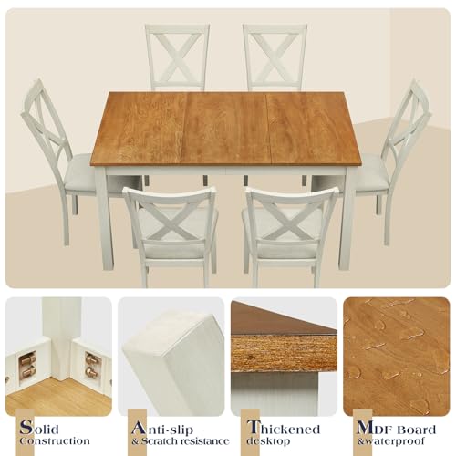 YUMPIE 7-Piece Farmhouse Dining Table Set for 6 People, 60" Wood Dining Kitchen Table & Chairs Set, Kitchen Table with 6 Upholstered Chairs, Perfect for Restaurant, Brown & White YUMPIE