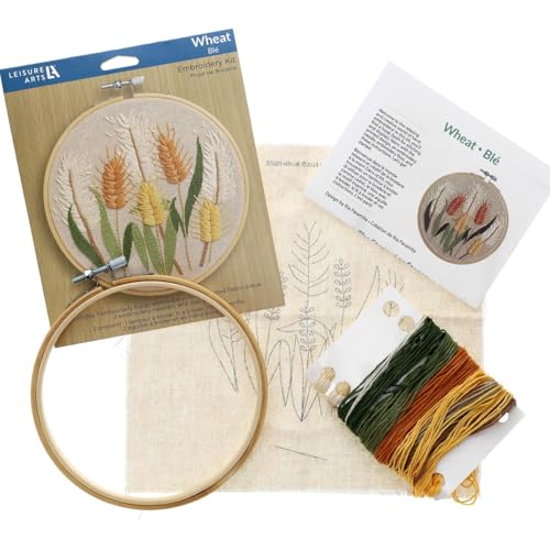 LEISURE ARTS Embroidery Kit 6 Inch Wheat - Beginner Hand Stitching Kit with Hoop, Needle, Thread, Printed Fabric, and Instructions for Adults and DIY Crafters