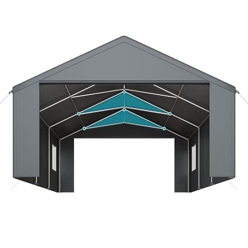 AirWire Carport, Heavy Duty Car Port 20x20 FT, Large Car Canopy with Roll-Up Windows & Side-Opening Door, Outdoor Portable Garage Reinforced Four-Hole Base for Car, Truck, Boat, Motorcycle AirWire