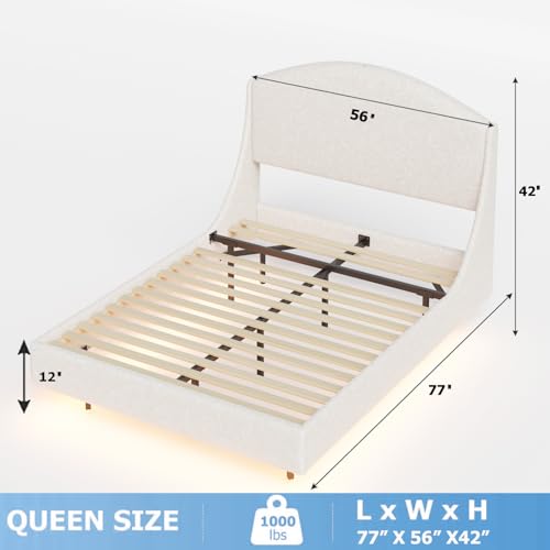 Ailisite Full Size Floating Bed Frame with LED Lights and Charging Port, Visual Floating LED Bed Frame with Curved Cloud Headboard, White Boucle Upholstered Platform Bed Full Size Frame, Heavy Duty Ailisite