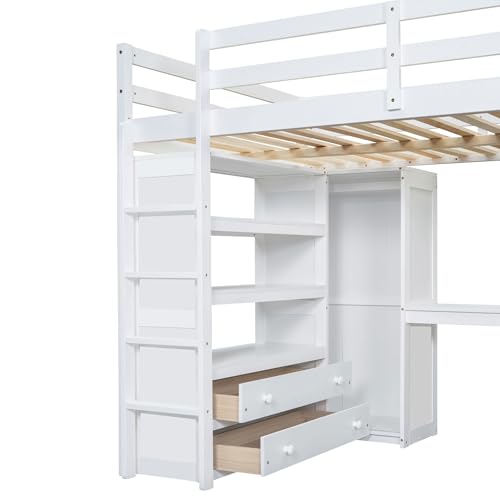 Loft Bed Full Size with Built-in Wardrobe, Desk, Storage Shelves and Drawers, Solid Wood Loft Bed Frame for Kids Teens Adults (White) BEDGJH