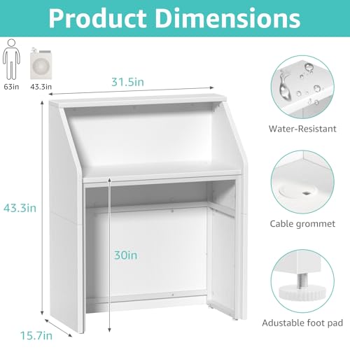IGERI Small White Reception Desk with Counter for Salon 31.5 Inch Front Modern Standing Receptionist Room Tables Checkout Counter for Office