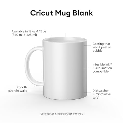 Cricut Blank Mug, Ceramic-Coated, Dishwasher & Microwave Safe Mug to Decorate, Cricut Mug Press & Infusible Ink Compatible,15 Oz Sublimation Mug, Ideal for Crafts and Printing, 2 Count, White Cricut