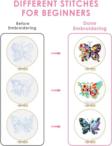 FREFTA 3 Pack Butterfly Embroidery kit for Beginners to Advanced, Floral Hand Embroidery & Cross Stitch mini Tool Kit with Stamped Patterns, Hoop, Threads & Needles, DIY Starter Kit with Instructions