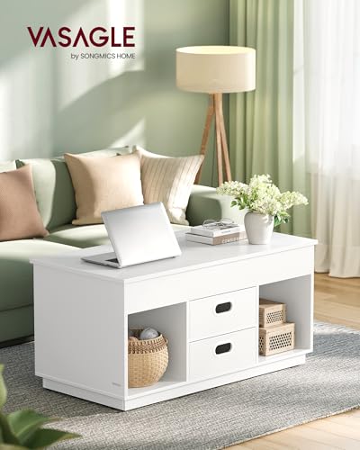 VASAGLE Coffee Table, Lift Top Coffee Table with 2 Drawers and Hidden Compartments, Center Table with Lift Tabletop, Open Compartments, for Living Room, Home Office, Snow White ULCT210W01 VASAGLE