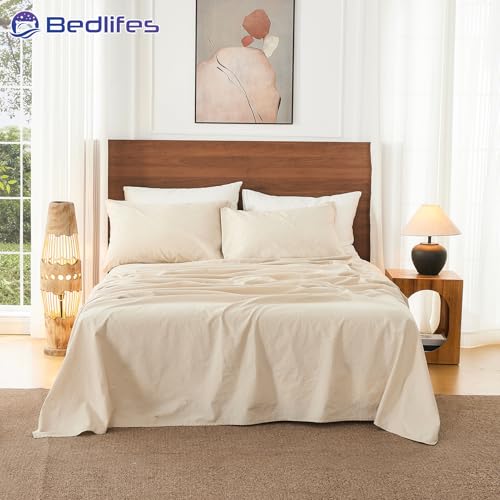 Bedlifes 100% French Pure Linen Sheets Queen Size Breathable and Cooling Flax Sheet Set Soft Durable and Moisture Wicking 16 Inch Deep Pocket-4 Piece(Queen,Linen) Bedlifes