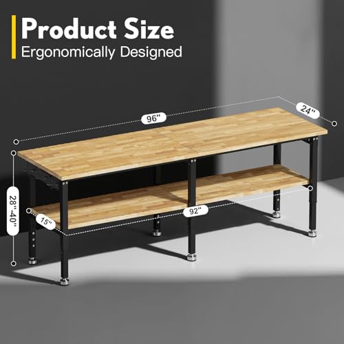96” Adjustable Work Bench, 2-Layer Heavy Duty Workbench, 6000 LBS Capacity Workbench with Pegboard & Power Outlet, Rubber Wood Work Table for Garage, Office, Workshop, Home FIXCHIGO