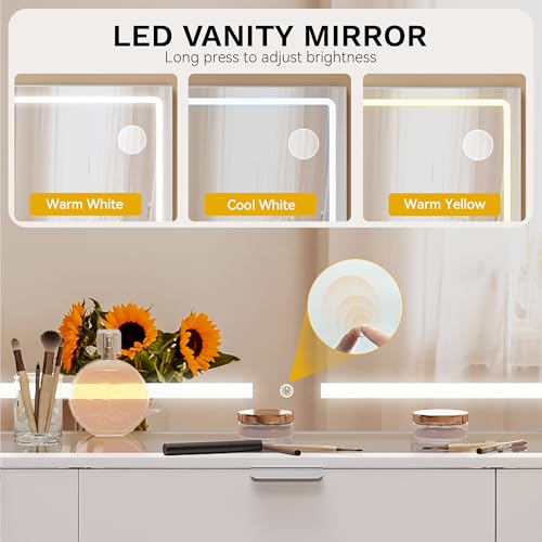 DWVO Vanity Desk Set with Mirror & Power Outlets, Vanity Table with 3 Dimmable Light Colors, 10 Drawers, Hair Dryer Rack – Modern Makeup Table with Hidden Storage Stool DWVO