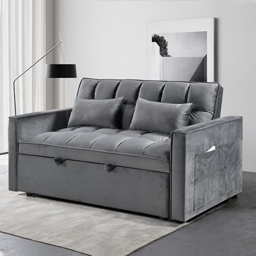 3 in 1 Convertible Sleeper Sofa Bed,Modern Velvet Loveseat Futon Couch Pullout Couches Bed,Small Love Seat Lounge Sofa w/Reclining Backrest, Toss Pillows, Furniture for Living Room (Dark Gray) YHUBHSIS
