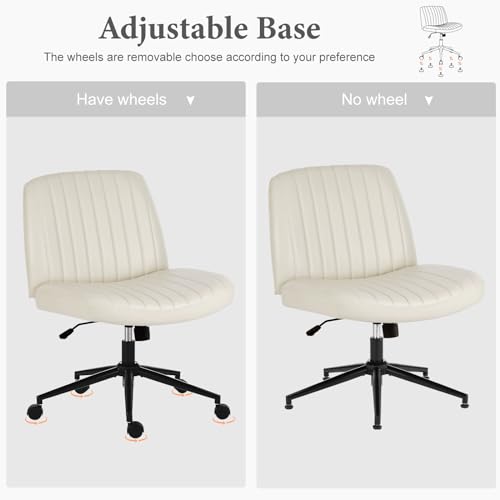 Sweetcrispy Criss Cross Chair Legged with Wheels, Armless Office Swivel Desk Chair with Wheels, Vanity Height Adjustable Wide Seat Faux Leather Computer Task Seating for Home Bedroom Sweetcrispy