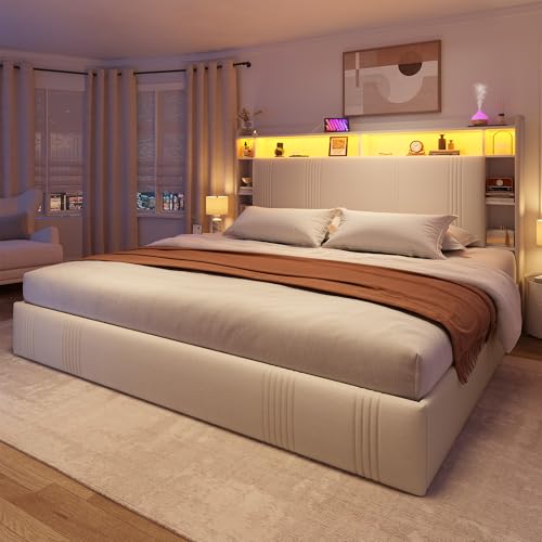 EnHomee King Size Bed Frame with 4 Storage Drawers, Upholstered Platform King Bed Frame with Headboard & LED Lights & Charging Station, Noise Free, No Box Spring Needed, Beige EnHomee