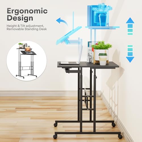 Athena Collection Height Adjustable Rolling Desk Mobile Portable Laptop Stand Cart Small Sit Standing Desk Computer Table Workstation for Home Office, Black Athena Collection