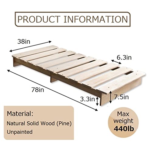 EMOOR Wood Slatted Low Platform Bed Frame KAN SUNOKO Twin for Japanese Futon Mattress Solid Pine (Unpainted), Floor Sleep Tatami Mat EMOOR