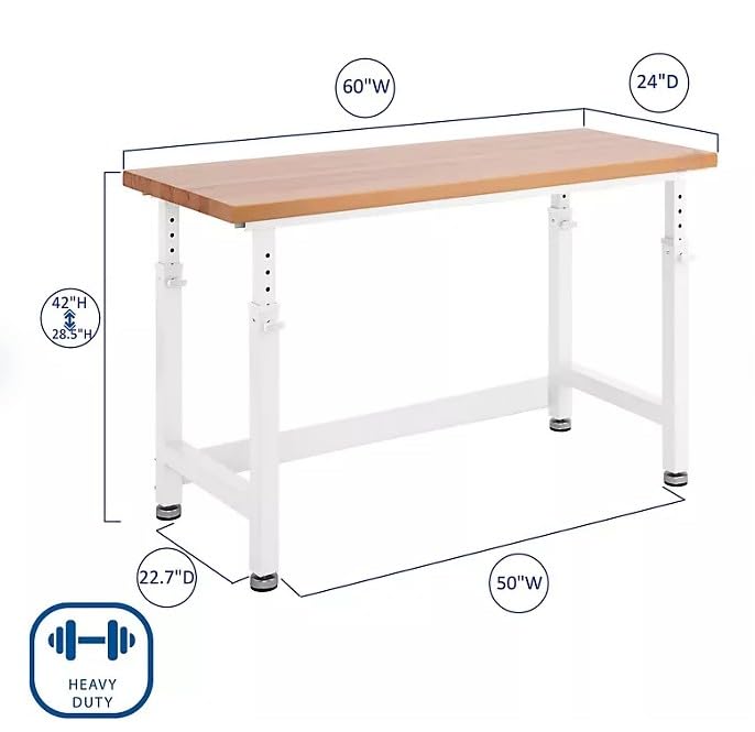 Heavy Duty Height Adjustable Workbench Table with Solid Wood Top, 1000 to 2000 lbs. Weight Capacity Workstation for Garage, Warehouse, Workshop, (28.5" to 42") Height (White, 60" W x 24" D) WoodArtSupply
