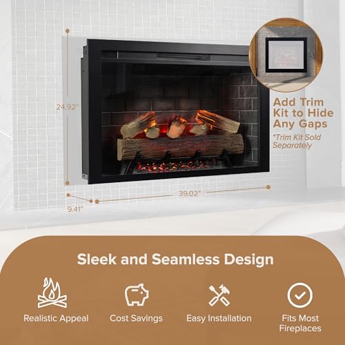 Modern Ember Uptown 36" Smart Electric Fireplace Insert with Remote Control, Alexa/WiFi Enabled - 1,000 Sq Ft Electric Heater with Realistic Flames and Log Set Modern Ember