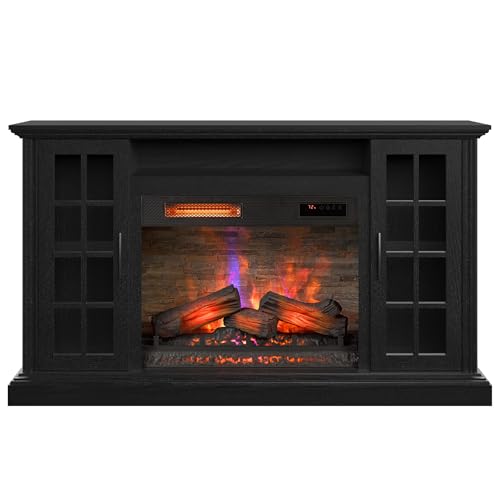 duraflame® Electric Fireplace Media Mantel for TVs up to 65 inches and Farmhouse Storage Cabinets, Black Embossed Ash Duraflame