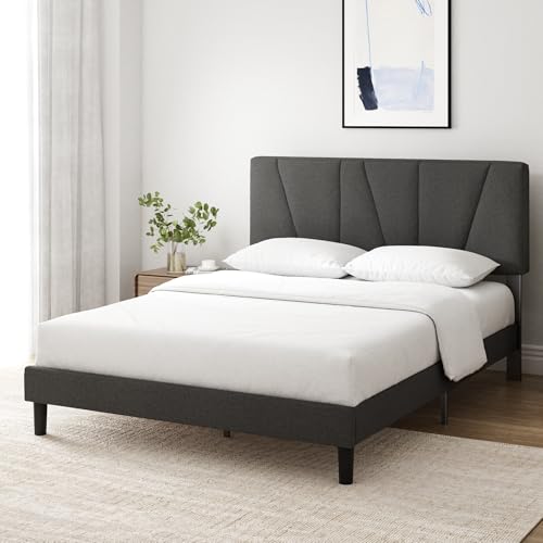 ZINUS King Maya Upholstered Bed Frame with Asymmetric Headboard, Durable Wooden Slats, Sturdy Framework, Noise Free Sleep, No Box Spring Needed, Easy Assembly, Eco Friendly Packaging, Dark Grey ZINUS