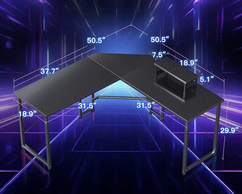Casaottima L Shaped Gaming Desk with Monitor Stand, Corner Desk Gaming Table for Home Office, Computer Desk Sturdy Writing Workstation for Small Space, 51 inch, Carbon Fiber Surface, Black Casaottima