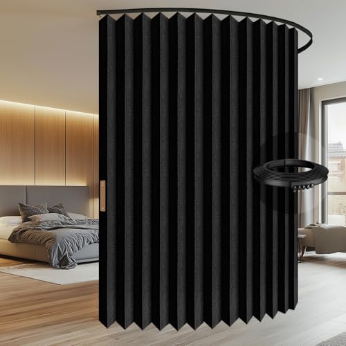 100% Blackout Accordion Room Divider Curtains - with Flexible Ceiling Track Total Privacy Sound Proof Curtains Suitable for Bedroom Patio Sliding Door(Black, W100 x L84, 1 Pack) AJAZZ